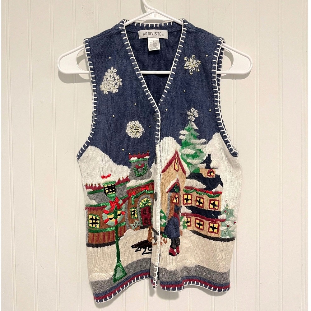 Vintage Arriviste Christmas Sweater Vest Women S Blue Winter Village Holiday